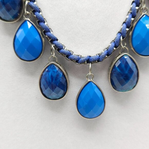 Blue Teardrop Statement Necklace Matching Earrings Set Silver Tone - Picture 3 of 9
